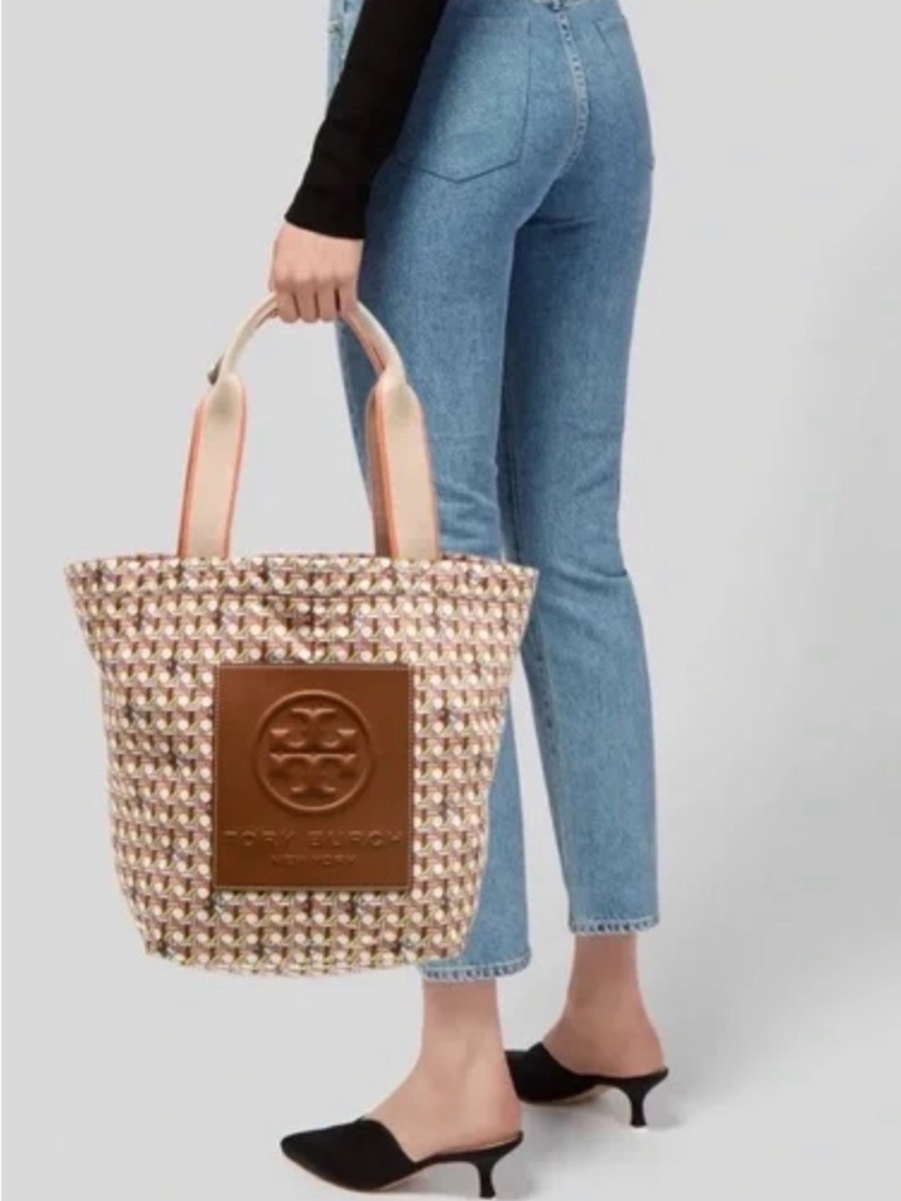 *RARE* Tory Burch Orange and Tan Woven Tote with Leather Logo Patch